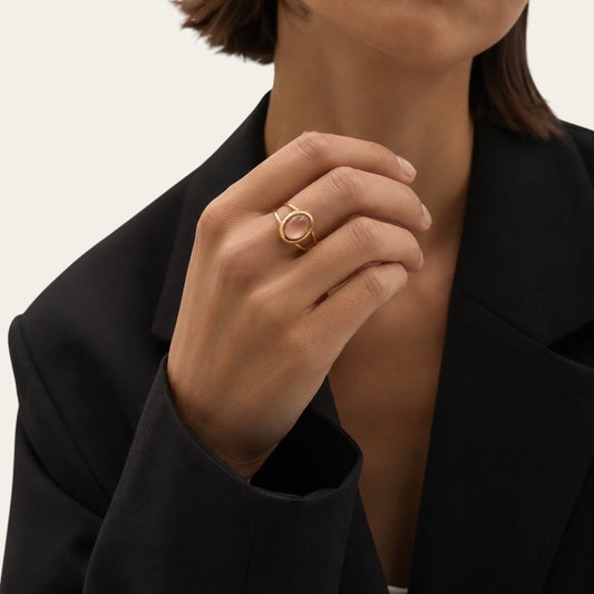 Time4Me adjustable gold-tone stainless steel ring with an oval stone worn on a woman's finger in a black blazer
