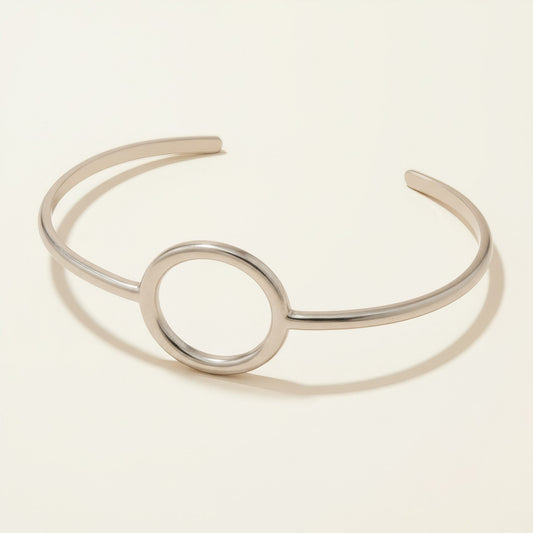 Time4Me minimalist silver open cuff bracelet with a central circle design made of durable stainless steel