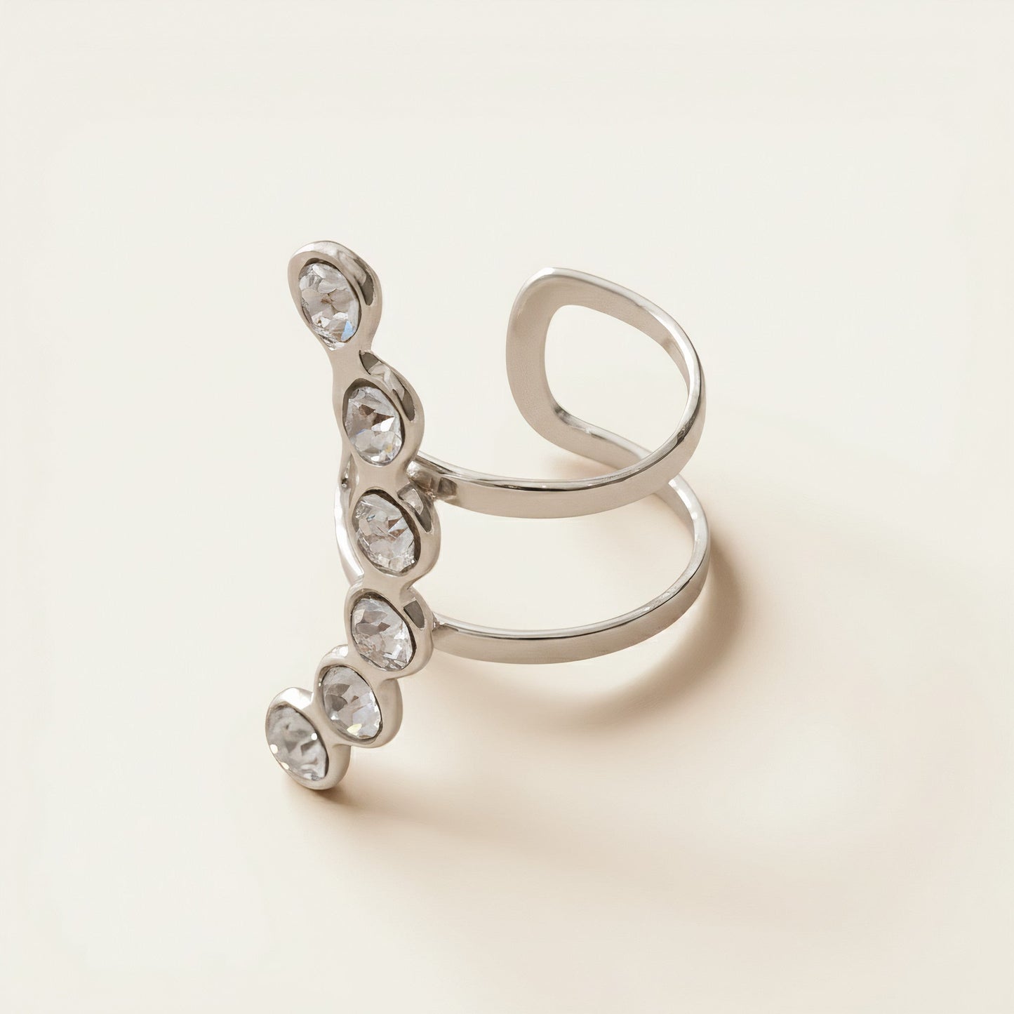 Time4Me silver-tone stainless steel ear cuff featuring a vertical row of sparkling clear rhinestones