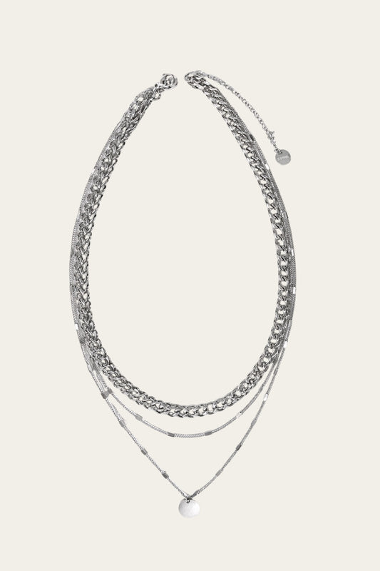 Time4Me silver-tone triple chain necklace with a round pendant made of durable stainless steel
