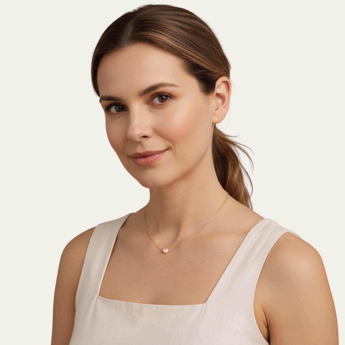 Time4Me Y-shaped silver necklace with pearl accents worn by a woman in a beige top