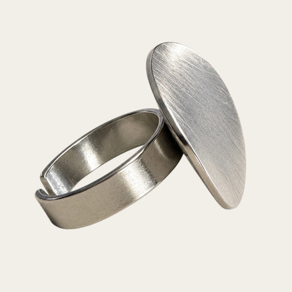 Time4Me adjustable silver-tone stainless steel ring featuring a round brushed metal disc design