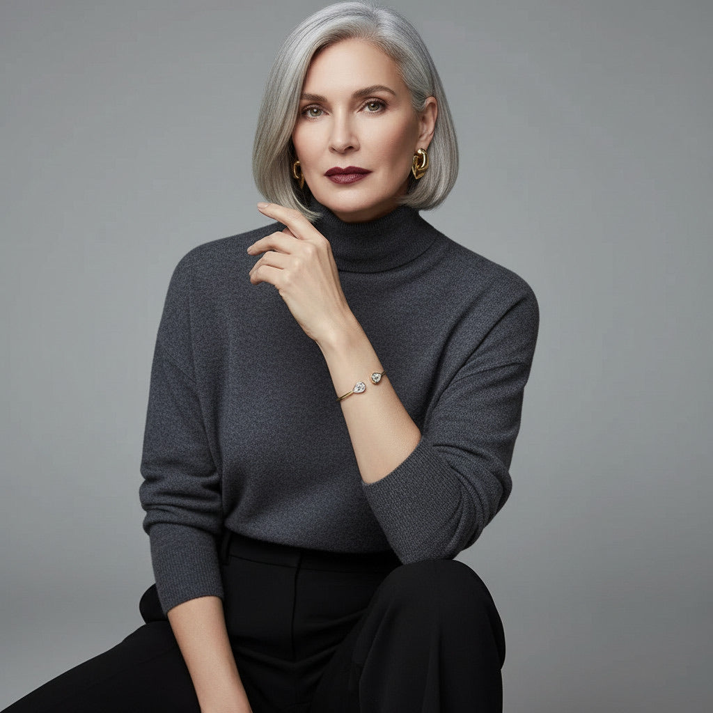 Time4Me adjustable gold stainless steel bracelet with glass crystals worn by a woman in a grey turtleneck