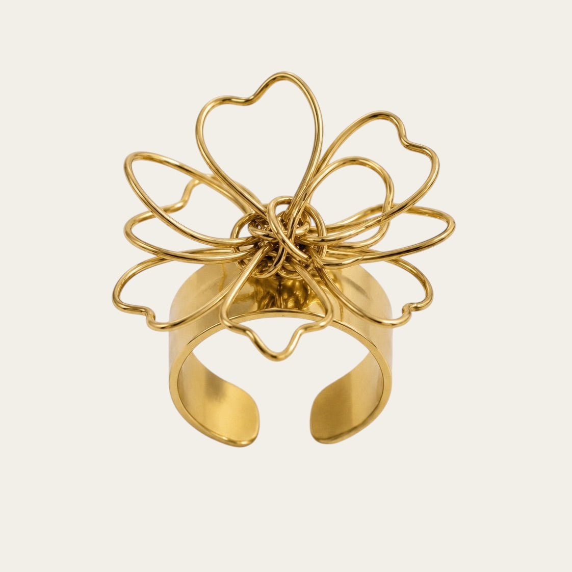 Time4Me adjustable gold stainless steel ring featuring a delicate wire-style flower motif
