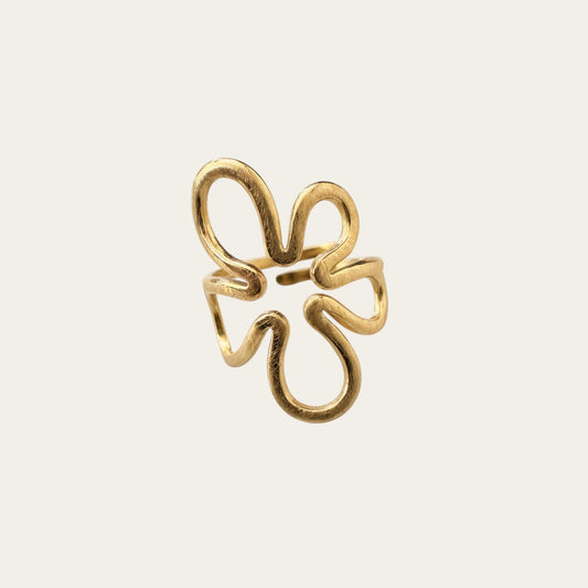 Time4Me adjustable gold-tone stainless steel ring featuring a stylized flower design on a neutral background.