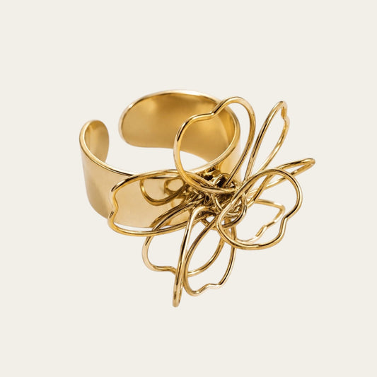 Time4Me adjustable gold stainless steel ring featuring a delicate openwork floral wire design