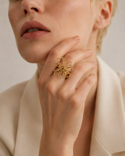 Time4Me adjustable gold stainless steel ring with a delicate lace-like flower motif worn on a woman's hand