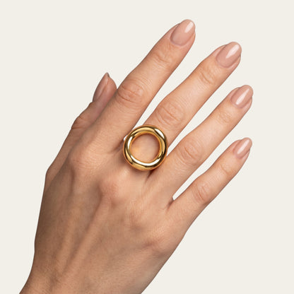 Time4Me adjustable gold-tone stainless steel oval ring worn on a woman's finger with a glossy finish