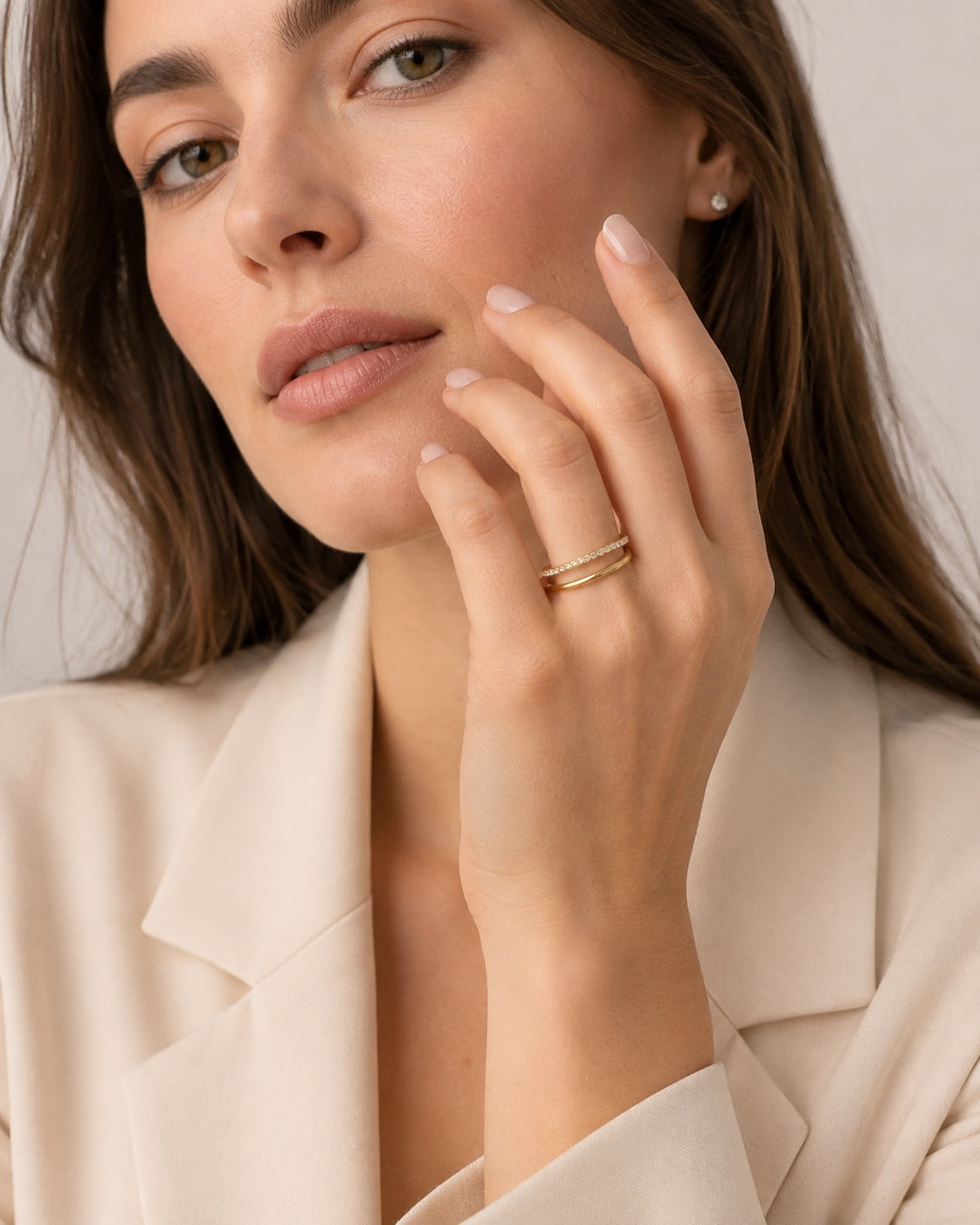 Time4Me adjustable gold stainless steel ring with a square shape, featuring one rhinestone band and one smooth band.