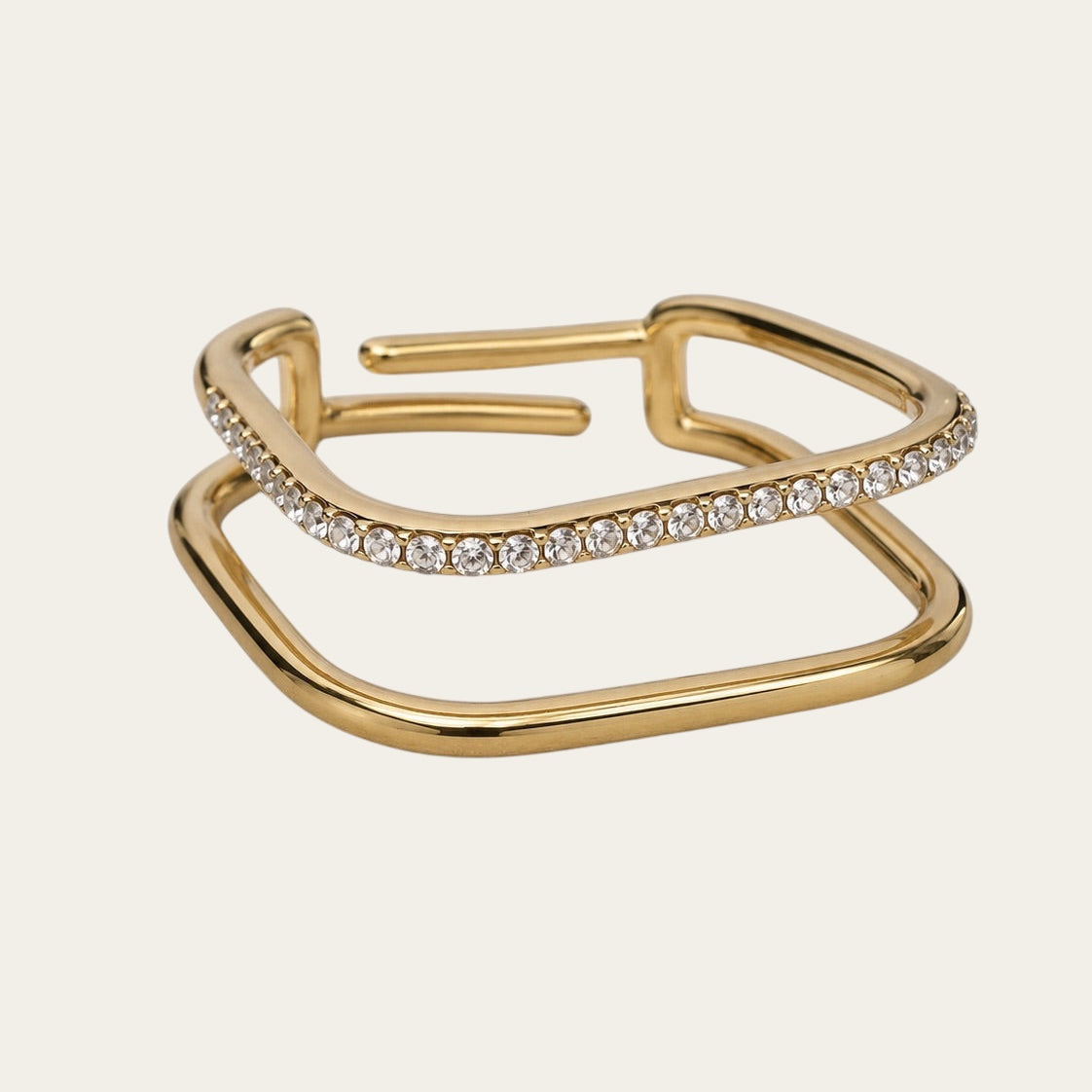 Time4Me adjustable gold-tone stainless steel square ring with one smooth band and one band featuring clear rhinestones