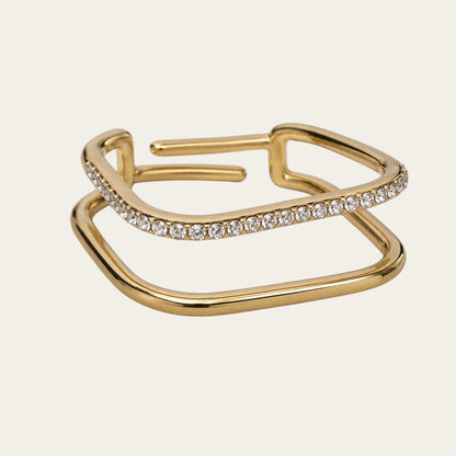 Time4Me adjustable gold-tone stainless steel square ring with one smooth band and one band featuring clear rhinestones