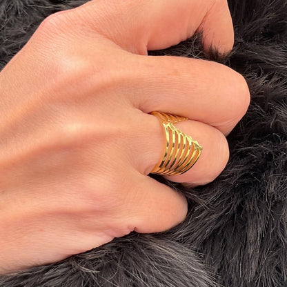 Time4Me adjustable gold stainless steel ring with a multi-band chevron design worn on a hand against black fur