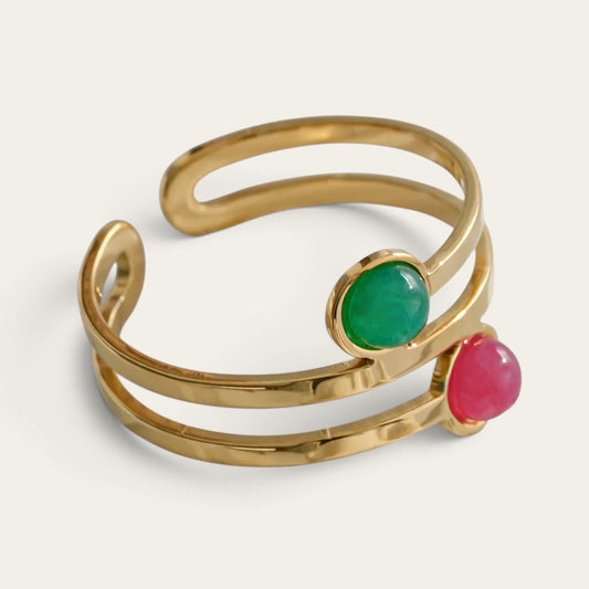 Time4Me adjustable gold-tone stainless steel ring featuring a double band design with green and pink round stones.