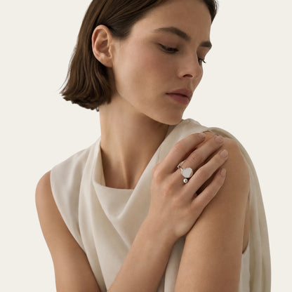 Time4Me adjustable silver-tone stainless steel open ring featuring a minimalist sphere and disc design on a model