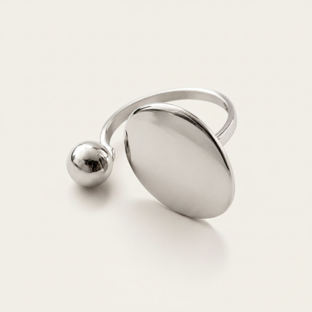 Time4Me adjustable silver-tone stainless steel open ring featuring a minimalist sphere and flat disc design
