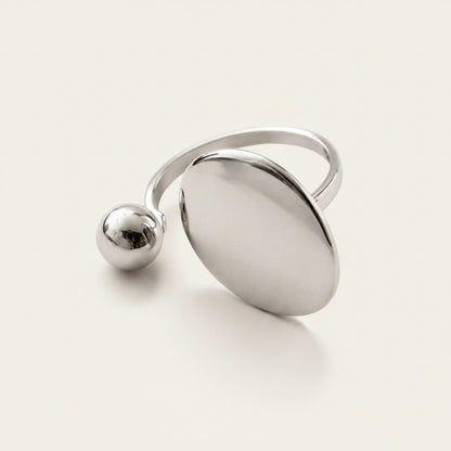 Time4Me adjustable silver-tone stainless steel open ring featuring a minimalist sphere and flat disc design