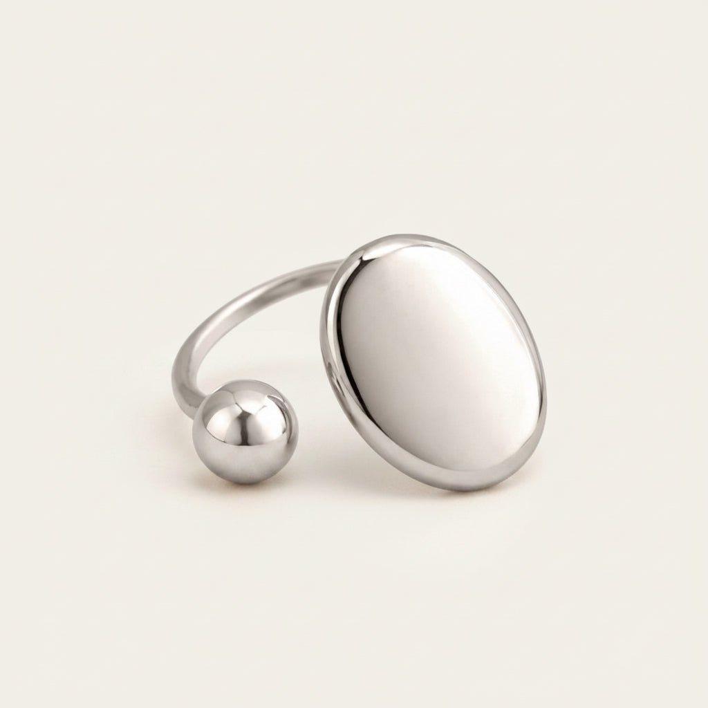 Time4Me adjustable silver-tone stainless steel open ring featuring a polished sphere and a flat circular disc.