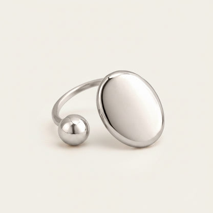 Time4Me adjustable silver-tone stainless steel open ring featuring a polished sphere and a flat circular disc.