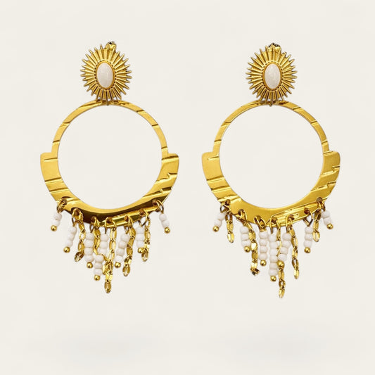 Time4Me gold boho hoop earrings with white beaded fringe and sunburst stud detail made of stainless steel