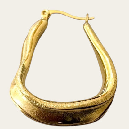 Time4Me gold-toned brushed stainless steel hoop earrings with a unique organic, irregular shape.