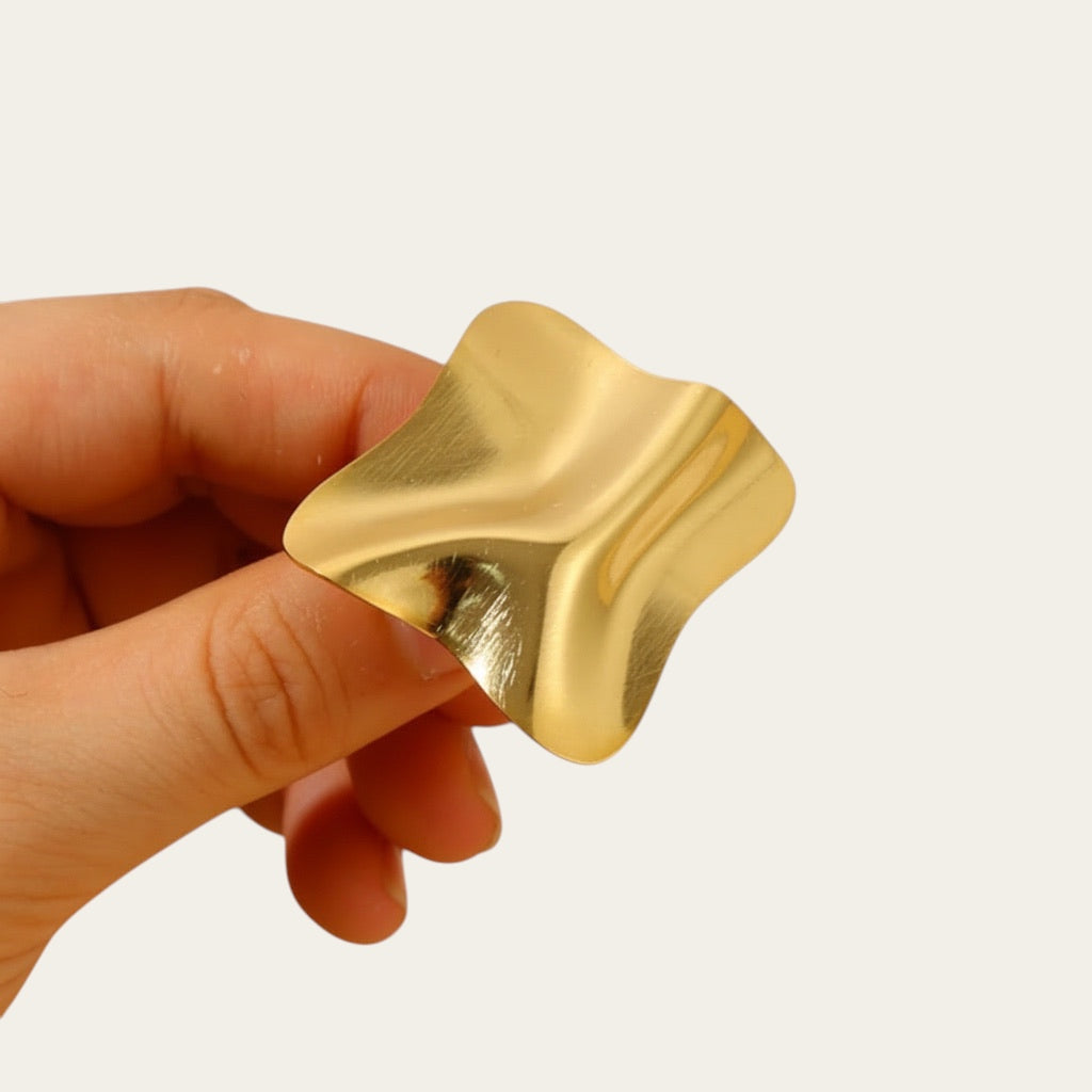Time4Me gold square ring with a crinkled texture, crafted from durable stainless steel and adjustable for fit.