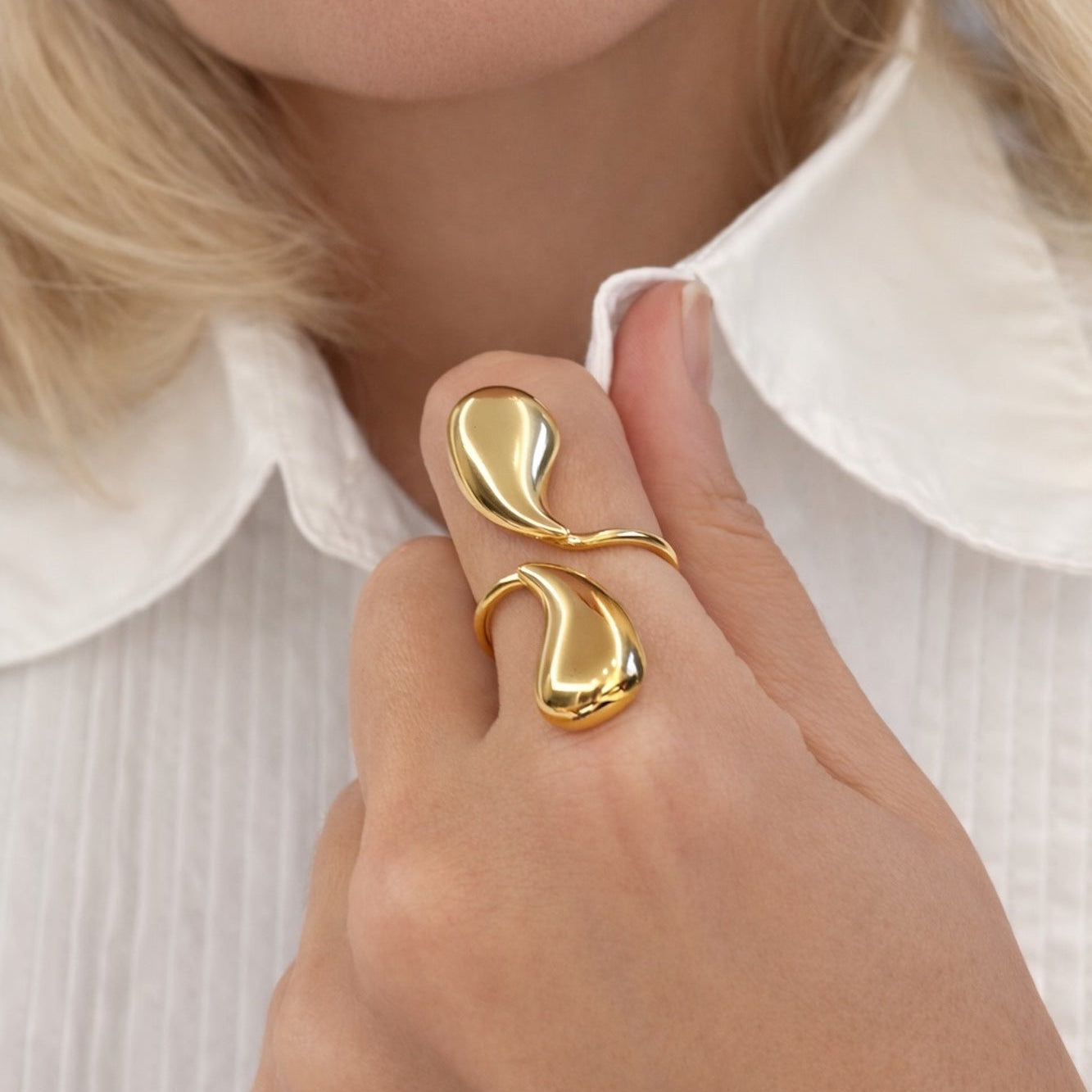 Time4Me gold-tone stainless steel Double Drop ring with an adjustable open design worn on a finger