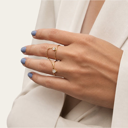 Time4Me gold adjustable double finger ring featuring delicate chains and sparkling rhinestone heart accents