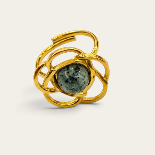 Time4Me gold-tone adjustable ring featuring a floral-inspired design with a central speckled grey stone.