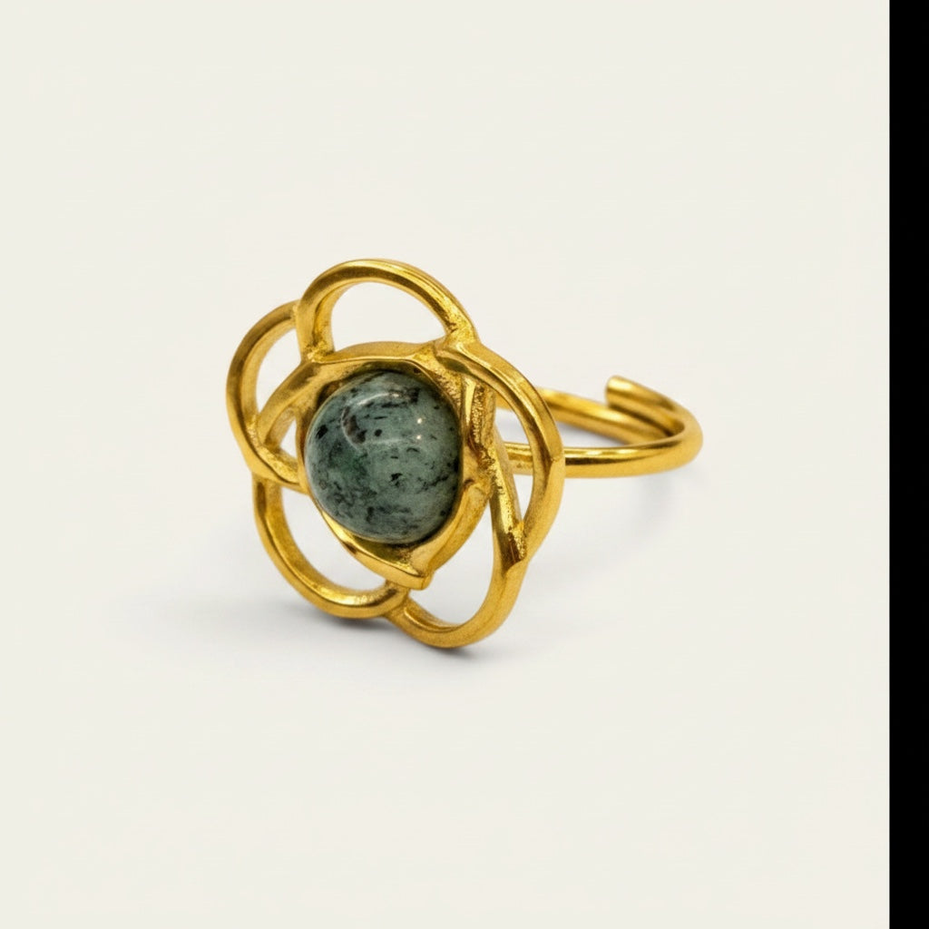 Time4Me gold-tone stainless steel adjustable ring featuring a floral design with a central green speckled stone.