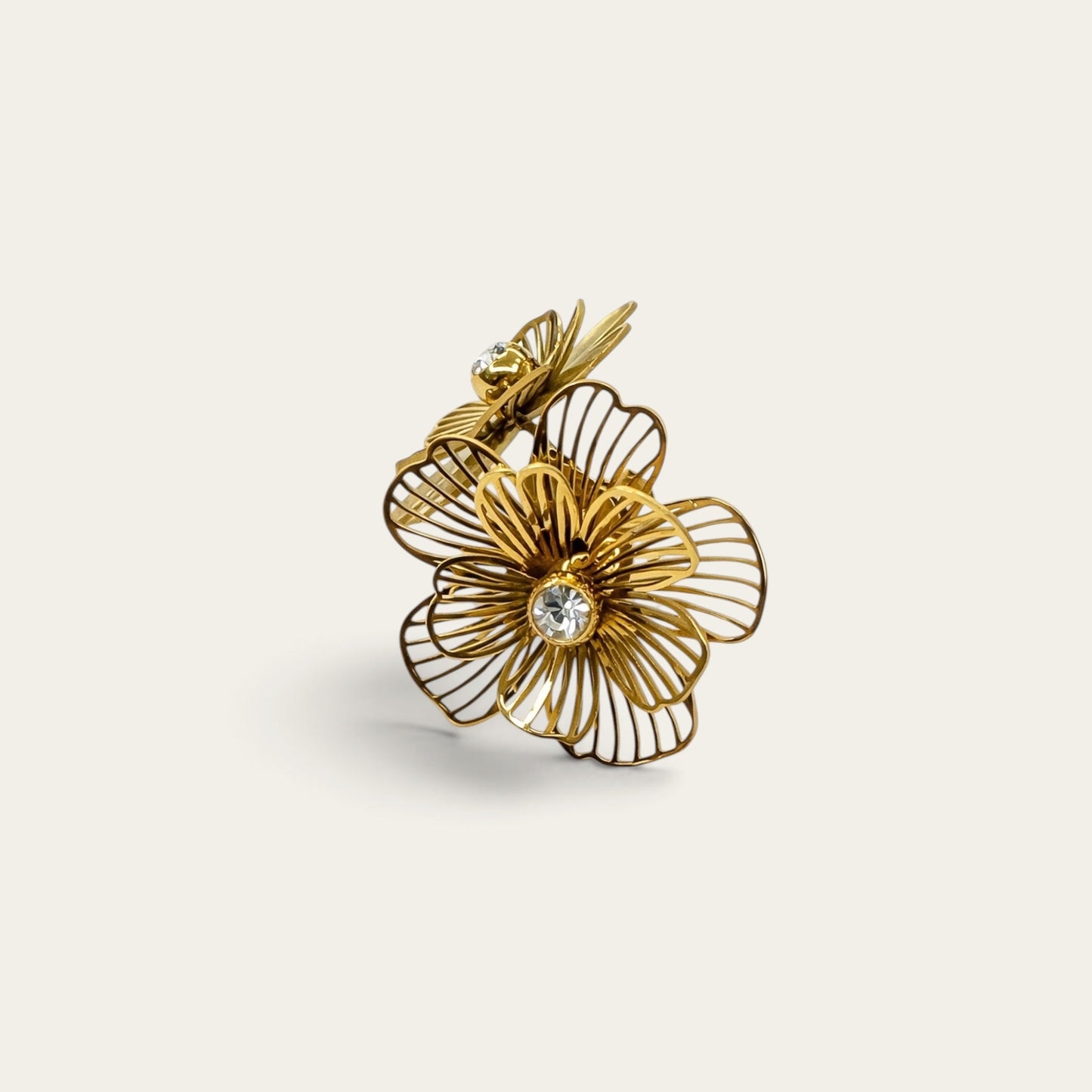 Time4Me gold stainless steel flower earrings with delicate wire petals and a central crystal accent
