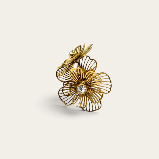 Time4Me gold stainless steel flower earrings with delicate wire petals and a central crystal accent