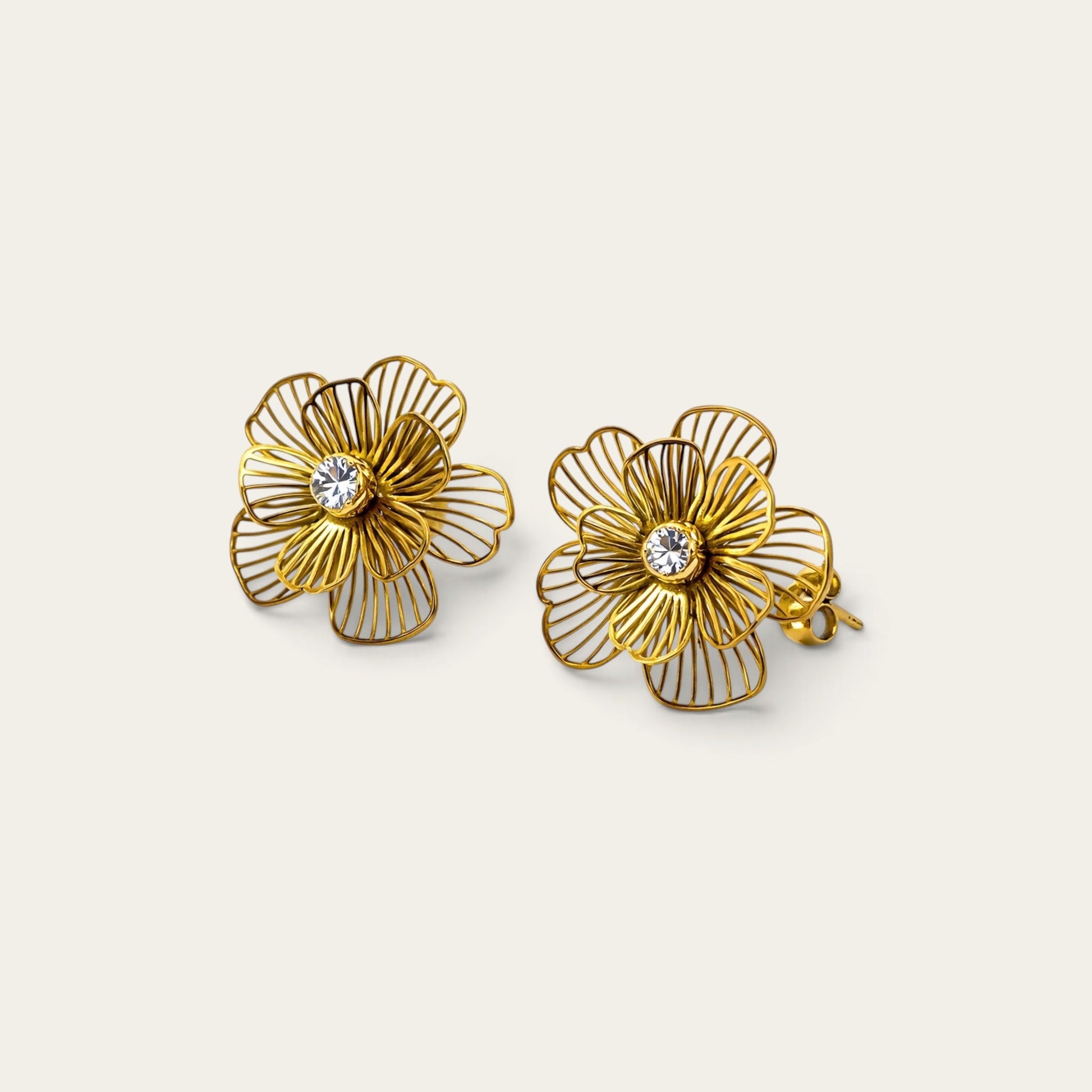 Time4Me gold stainless steel flower stud earrings with delicate wire petals and a central crystal accent.