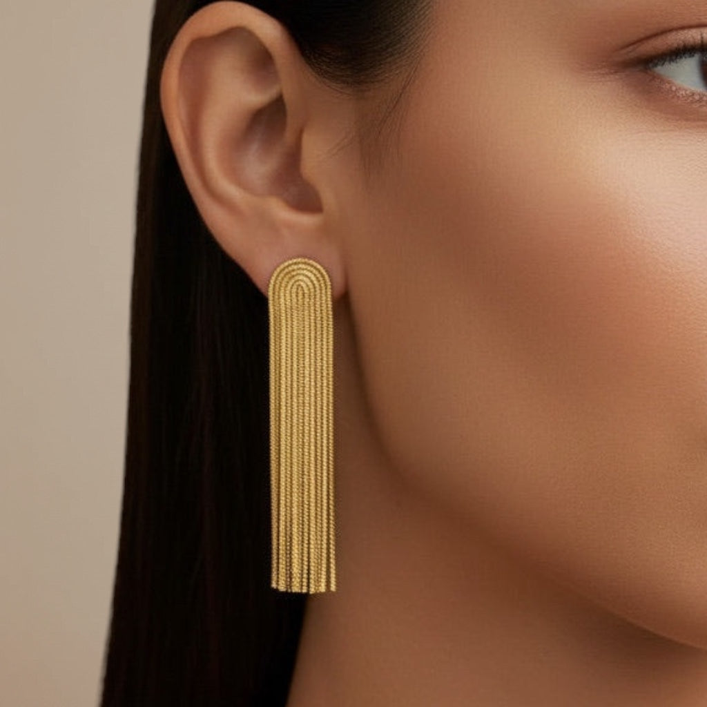 Time4Me gold-tone stainless steel drop earrings with delicate fringe detail worn by a woman