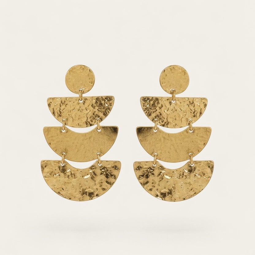 Time4Me gold chandelier earrings featuring stacked hammered semi-circles in stainless steel for a statement look.