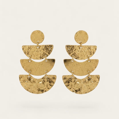 Time4Me gold chandelier earrings featuring stacked hammered semi-circles in stainless steel for a statement look.