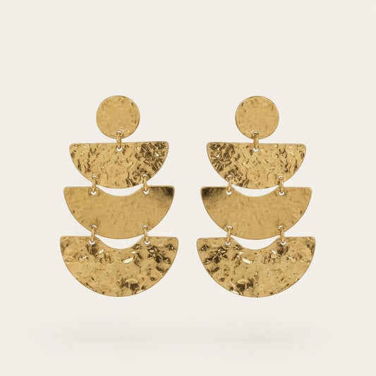 Time4Me gold chandelier earrings featuring stacked hammered semi-circles in stainless steel for a statement look.