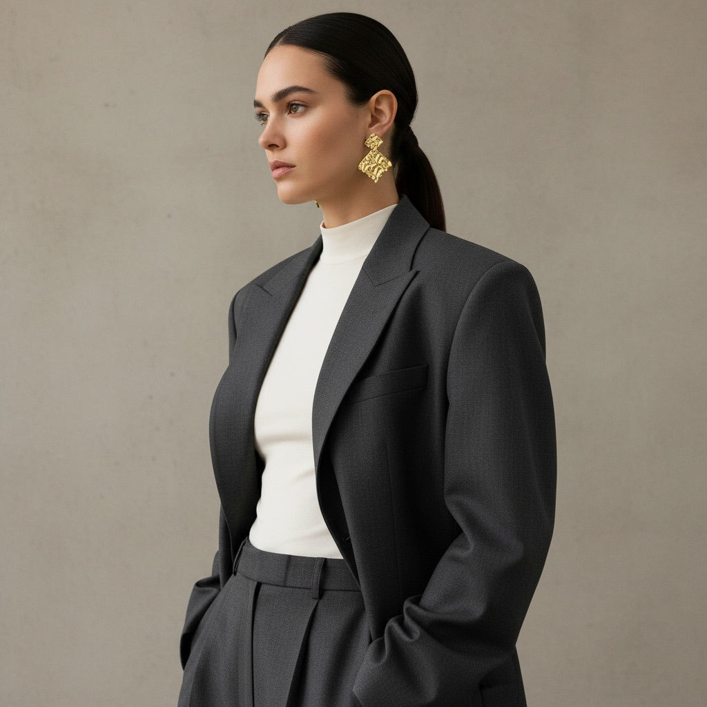 Time4Me gold hammered rhombus earrings worn by a woman in a grey blazer and white turtleneck