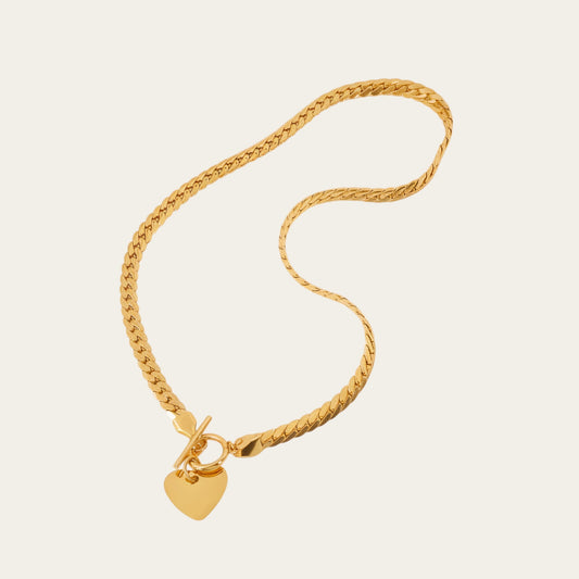 Time4Me gold stainless steel gourmet chain necklace with a toggle clasp and a smooth heart pendant