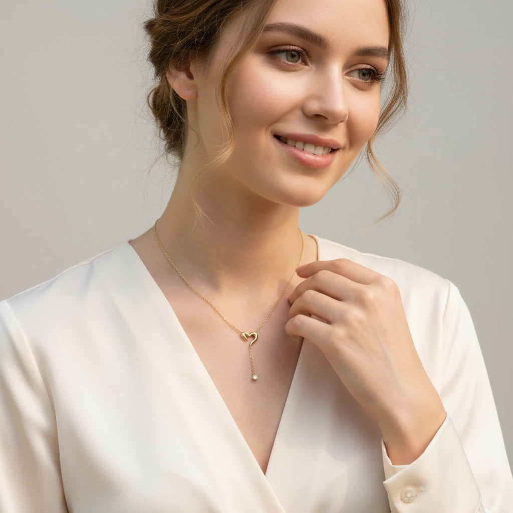 Time4Me gold chain necklace featuring a cutout heart pendant with a delicate dangling rhinestone on a woman