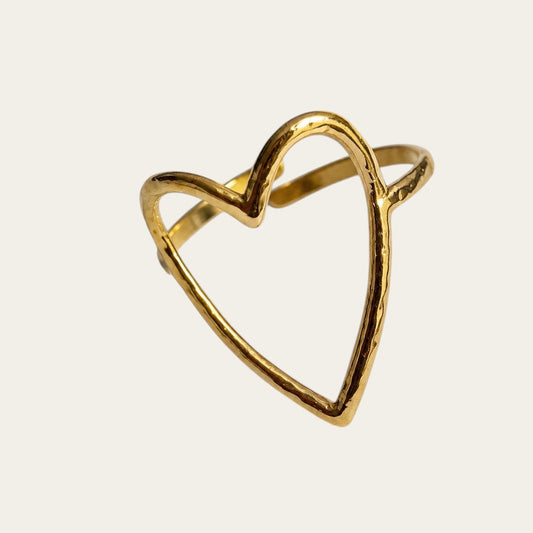 Time4Me adjustable gold stainless steel ring featuring a delicate open heart design with a textured finish.