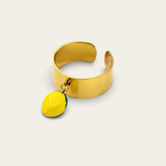 Time4Me adjustable gold stainless steel ring featuring a cute yellow lemon charm dangle