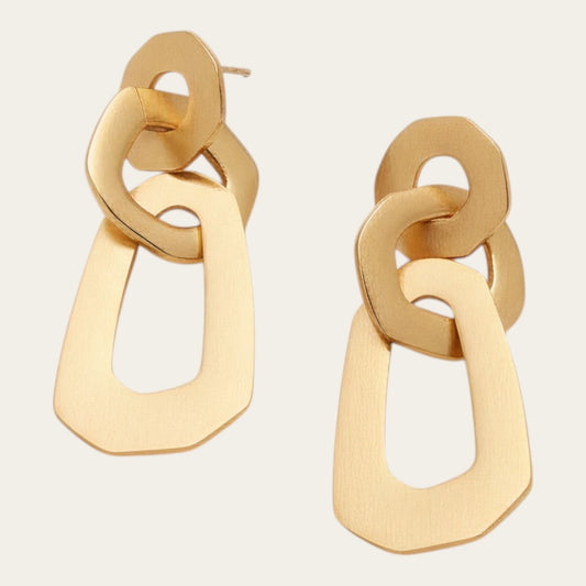 Time4Me gold-toned long earrings featuring three interconnected rounded geometric shapes made of stainless steel.