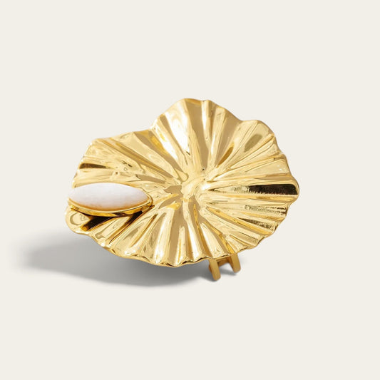 Time4Me gold lotus flower ring made of stainless steel with a white stone accent, adjustable design.