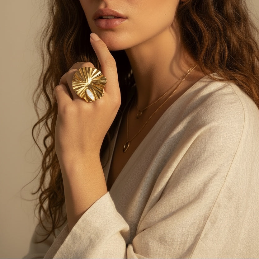 Time4Me gold lotus flower ring worn on a woman's finger, featuring a textured stainless steel design.