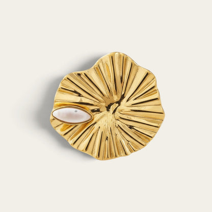 Time4Me gold lotus flower ring made of stainless steel with a small white accent stone, adjustable design.