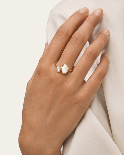 Time4Me adjustable gold stainless steel ring featuring two oval mother of pearl accents worn on a woman's hand