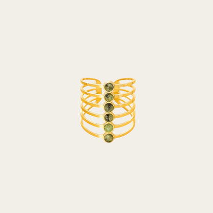 Time4Me adjustable gold-tone stainless steel ring featuring multiple bands and a vertical row of green stones.