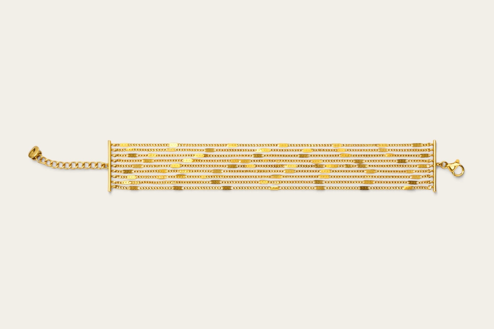 Time4Me gold-tone multi-strand chain bracelet made of durable stainless steel with a lobster clasp closure.