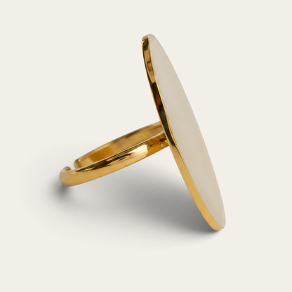 Time4Me adjustable gold-tone oval ring made of stainless steel, shown from a side profile view.