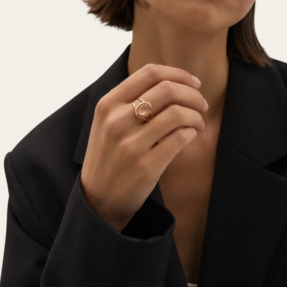 Time4Me adjustable gold-tone stainless steel ring with an oval stone worn on a woman's finger in a black blazer